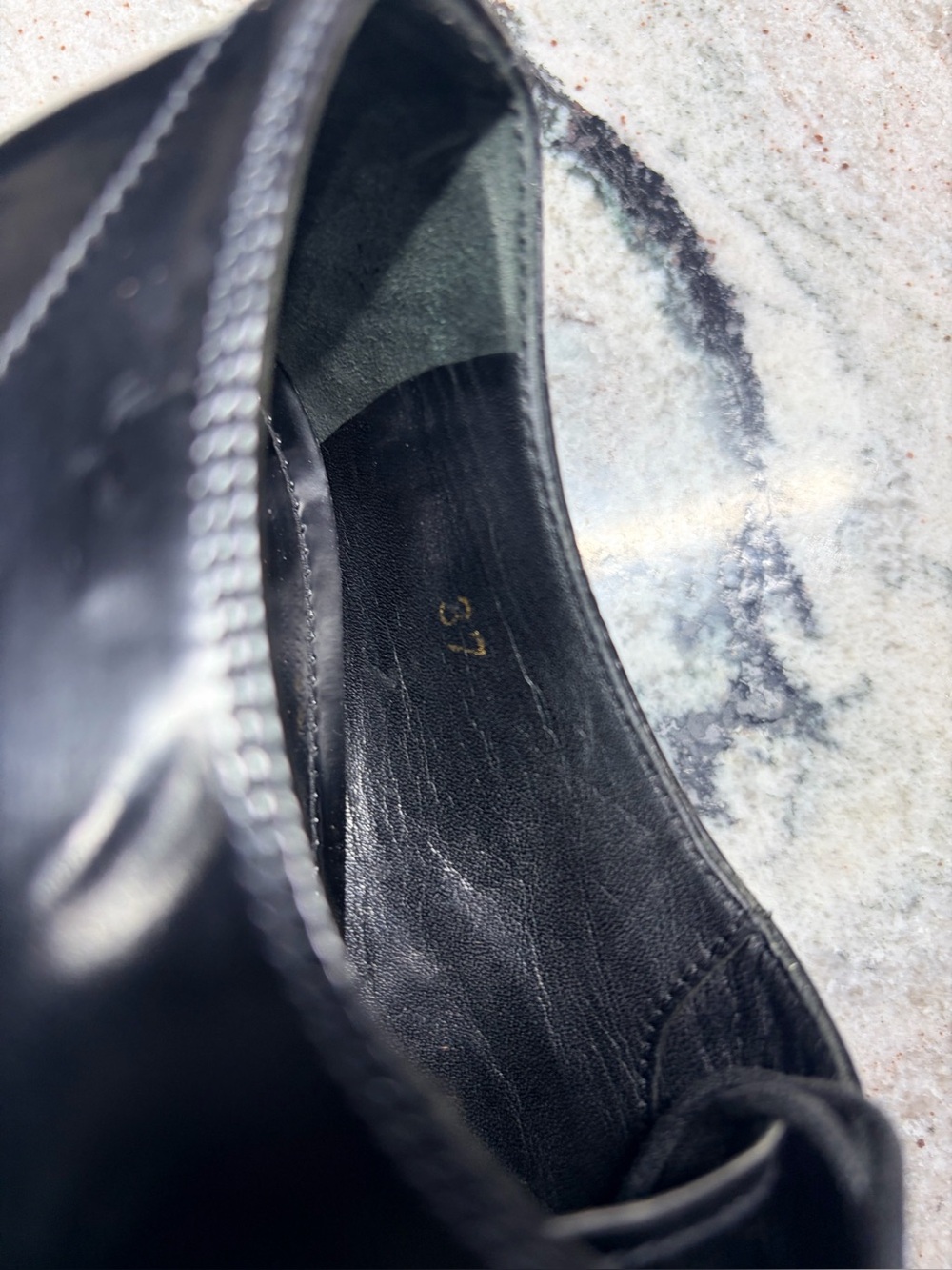 Prada Black Leather Derby Shoes Blue Rubber Sole Women’s EU 37 US 7 Italy - Picture 10 of 11